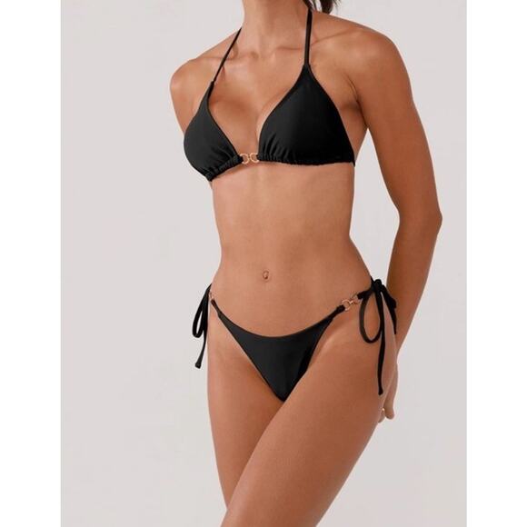 Women's Sexy 2 Piece String Triangle Bikini Bathing Suit Set Cheeky Black , XL - Picture 4 of 11